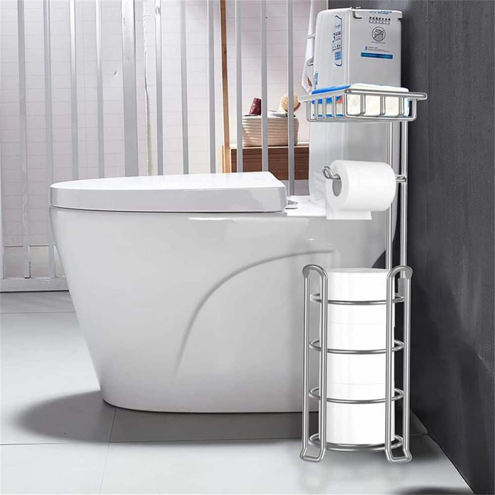 Glossy Silver Metal Freestanding Toilet Paper Holder with Storage Shelf