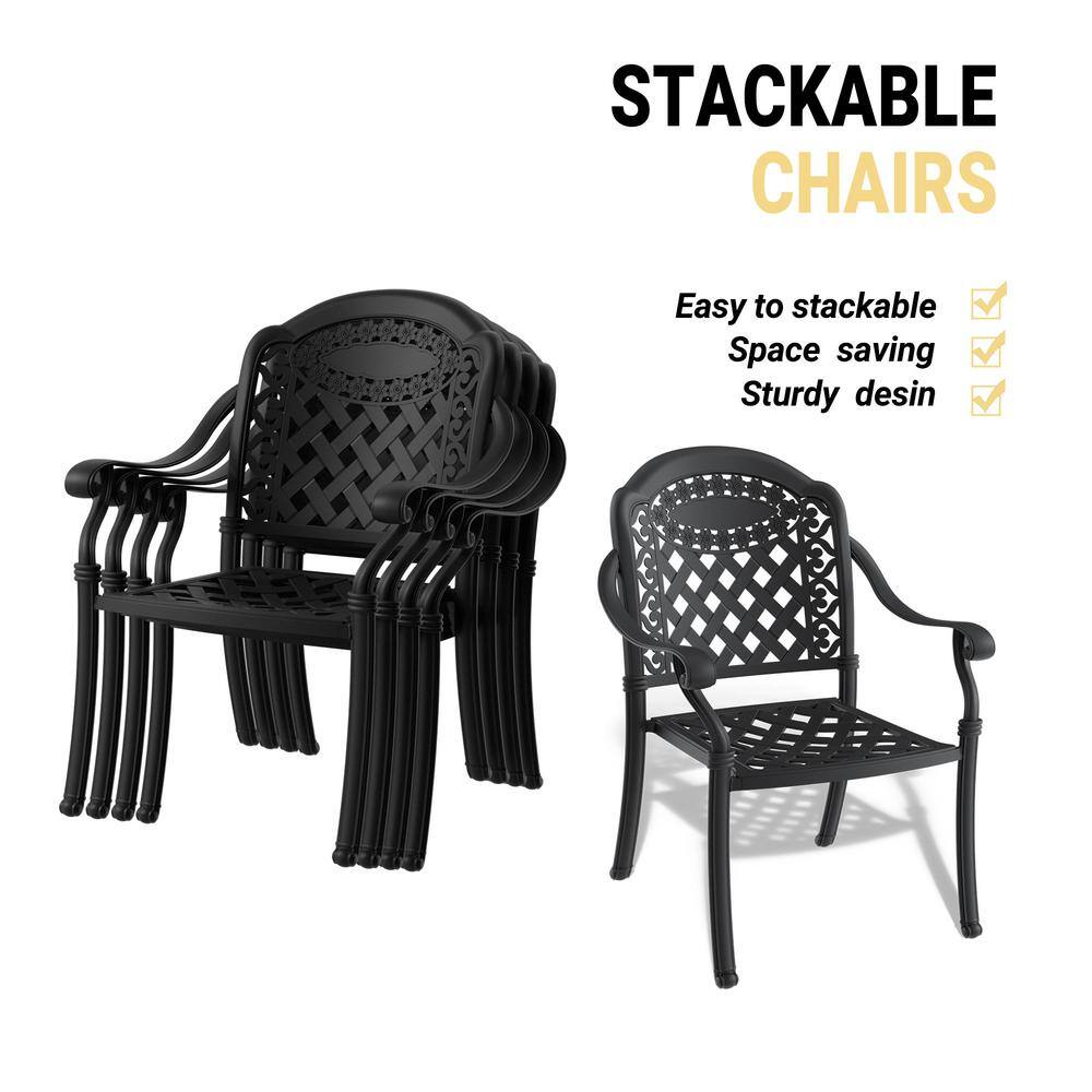 Matte Black Cast Aluminum Outdoor Dining Armchairs with Multicolor Cushions