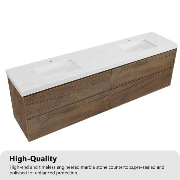 Solenne 84 in. Double Sink Floating Bath Vanity in Antique Oak with White Carrara Engineered Stone Top