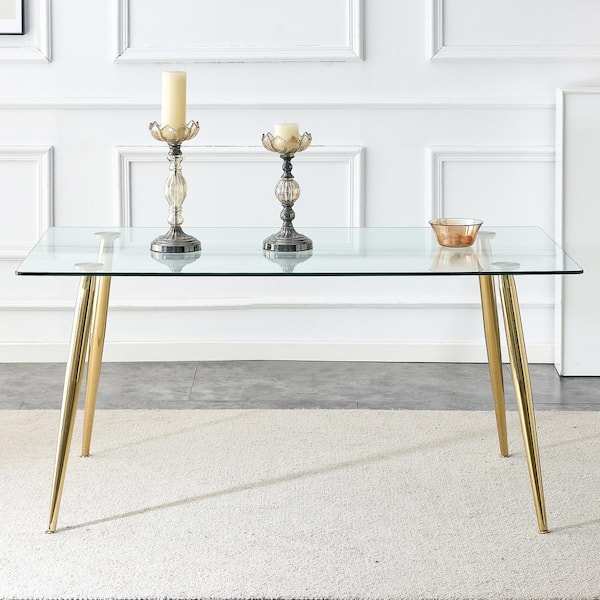 Polibi Modern Rectangle Gold Glass 4-Legs Dining Table Seats for 6 (63.00 in. L x 30.00 in. H)