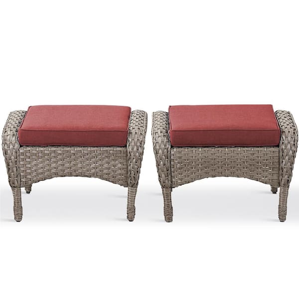 Flat Armrest Series Gray Wicker Outdoor Patio Ottoman with Cushion Guard Red Cushions (2-Pack)