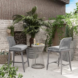 Aluminum Rope-Woven Outdoor Bar Stools with Gray Color Cushions (Set of 2)