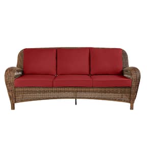 Beacon Park Brown Wicker Outdoor Patio Sofa with CushionGuard Chili Red Cushions