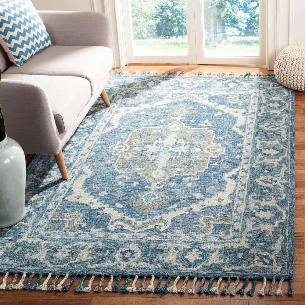 Bohemian Bliss Dark Blue Floral Hand-Tufted Wool Area Rug - 9' x 12'