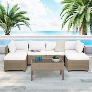 Maui 7-Piece Wicker Patio Conversation Set with Linen White Cushions