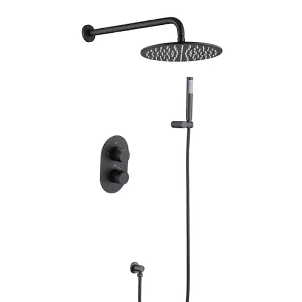 Lukvuzo 10 in. 2-spray Dual 1.8 GPM High Pressure Wall Mount Shower Set System with Round Head and Handheld Shower in Black