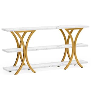 Terrella 70.8 in. Gold and White Rectangle Engineered Wood Console Table with 3 Tier Storage Shelves
