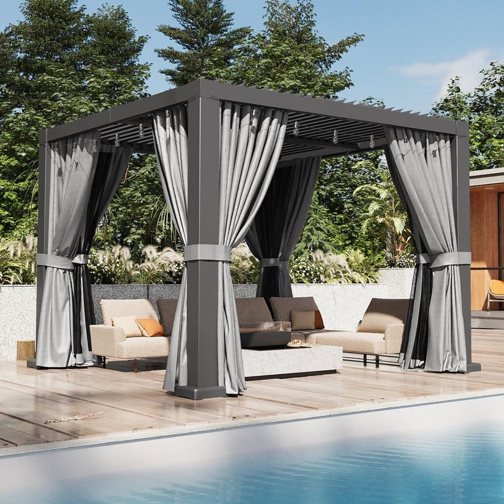 Sizzim 10 ft. x 10 ft. Louvered Aluminum Pergola with Curtains and
