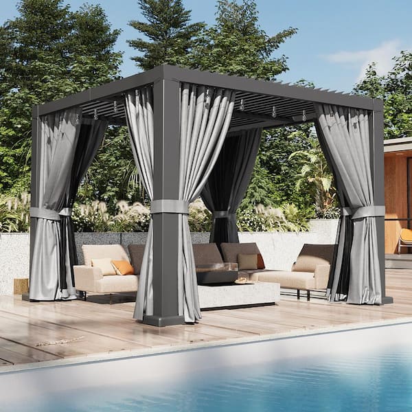 10 ft. x 10 ft. Louvered Aluminum Pergola with Curtains and Netting in Metallic Gray