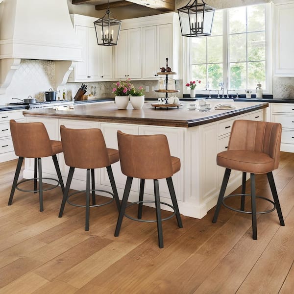 LUE BONA Paul 26 in. Brown Modern Faux Leather 360° Swivel High Back Barstool Solid Wood Counter Height stool (Set of 4)