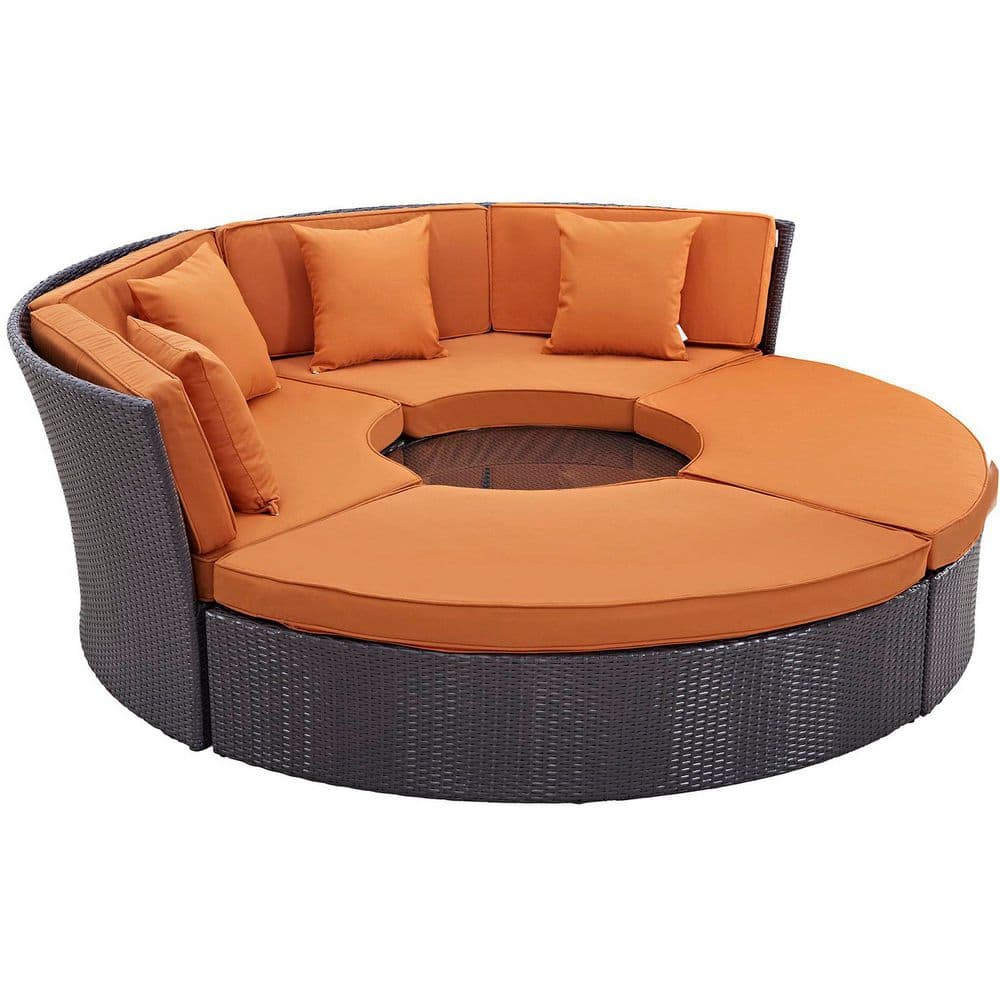Convene Wicker Rattan Outdoor Patio Round Poolside Sectional Sofa Daybed with Cushions in Espresso Orange price history on PriceWatchPro