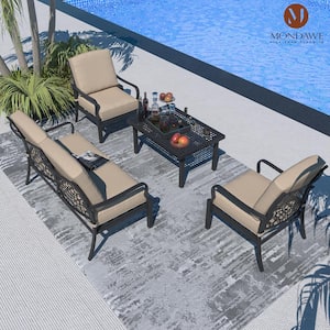 Outdoor Black 4-Piece Iron Frame Patio Conversation Seating Set with CushionGuard Putty Beige Cushions for Gazebo