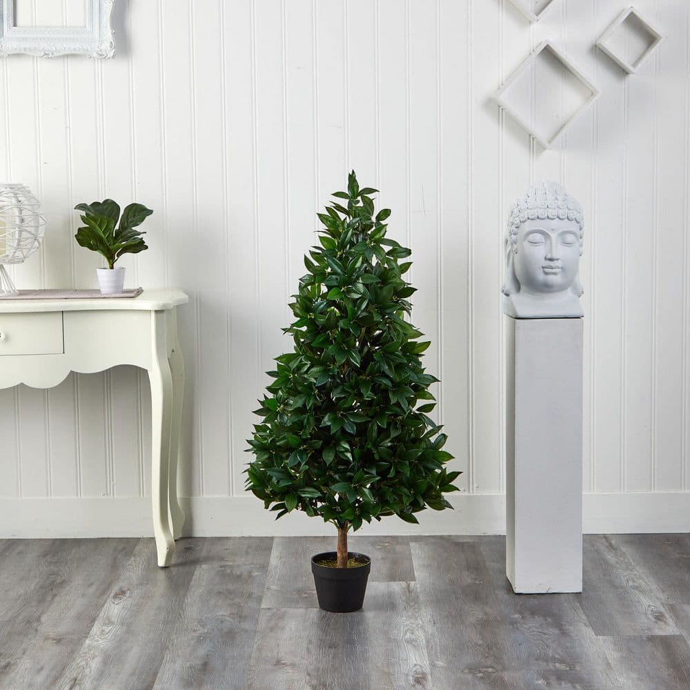 4ft Green UV-Resistant Plastic Bay Leaf Topiary Tree in Pot