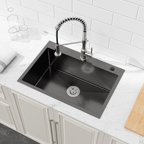 27 in. x 19 in. Black Stainless Steel Single Bowl Drop-In Kitchen Sink with Drain and Hooks