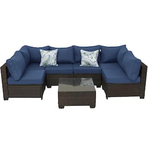 7 Pieces Outdoor Wicker Sofa Set, Patio Furniture sofa set, with Dark Blue Cushions