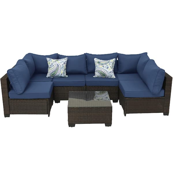 Sudzendf 7 Pieces Outdoor Wicker Sofa Set, Patio Furniture sofa set, with Dark Blue Cushions