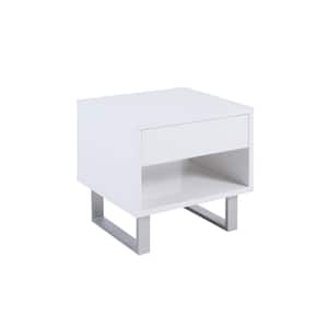 22 in. Glossy White Rectangle Wood End Table with Shelf