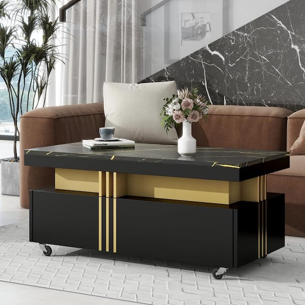 Nestfair Luxury 39.3 in. Black Rectangle Faux Marble Coffee Nestfair Luxury 39.3 in. Black Rectangle Faux Marble Coffee