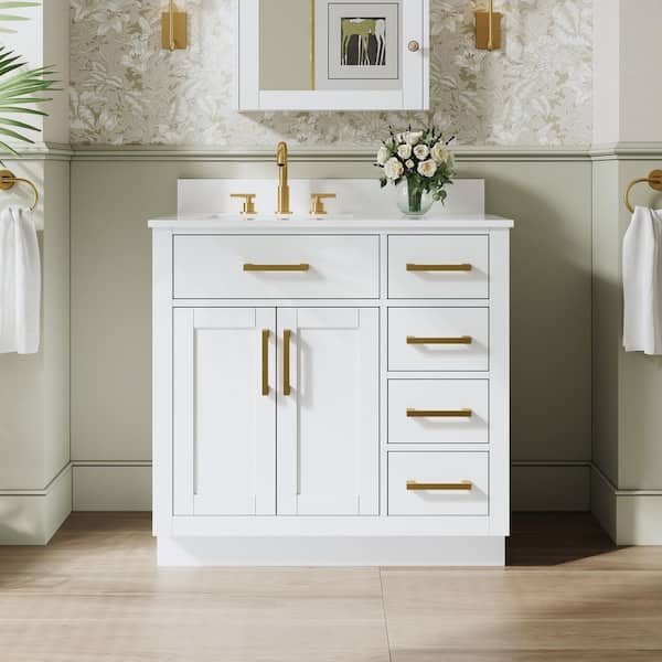 NORA 36 in. Freestanding White Solid Wood Bath Vanity with Pure White Cultured Marble Top, Soft-Close, Assembled