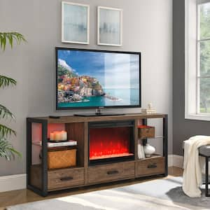 60 in. Freestanding Ultra Thin Tempered Glass Front Smart Electric Fireplace and TV Stand with Remote in Brown