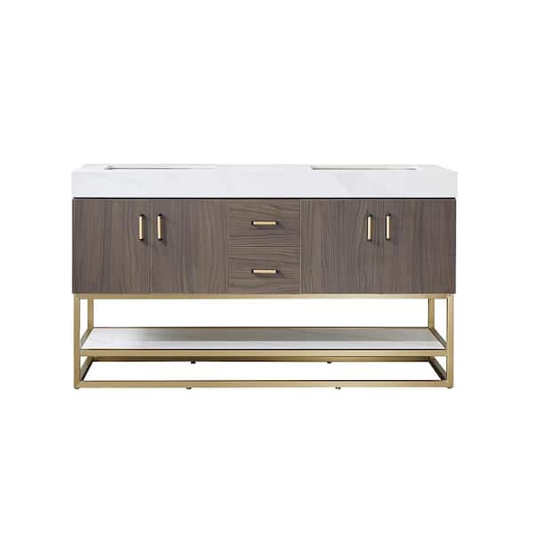 ROSWELL Toledo 60M in. W x 22 in. D x 34 in. H Bath Vanity in Dark Walnut with White Composite Stone Top