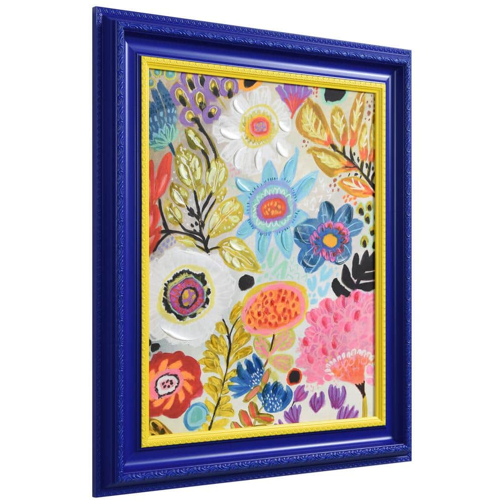 Vibrant Multicolor Floral Canvas Print with Blue and Yellow Frame