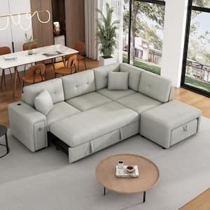 86.6 in. Chenille L-shaped Sectional Sofa in Gray with Pull-out Sofa bed, Movable Ottoman, 2 USB Ports, Cup Holders