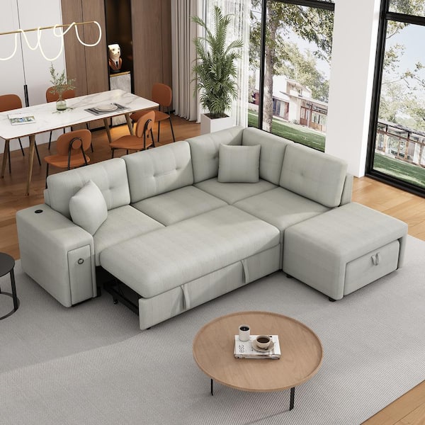 Harper & Bright Designs 86.6 in. Chenille L-shaped Sectional Sofa in Gray with Pull-out Sofa bed, Movable Ottoman, 2 USB Ports, Cup Holders