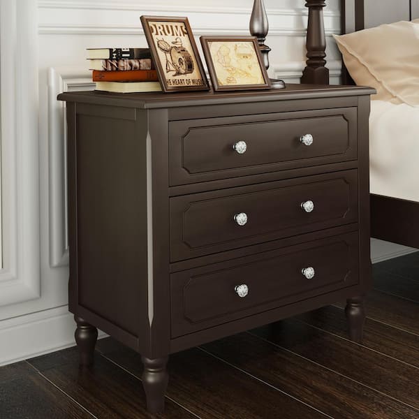 Brown Classic 3-Drawer Vintage Nightstand-Assembly Required for Knobs and Legs Only