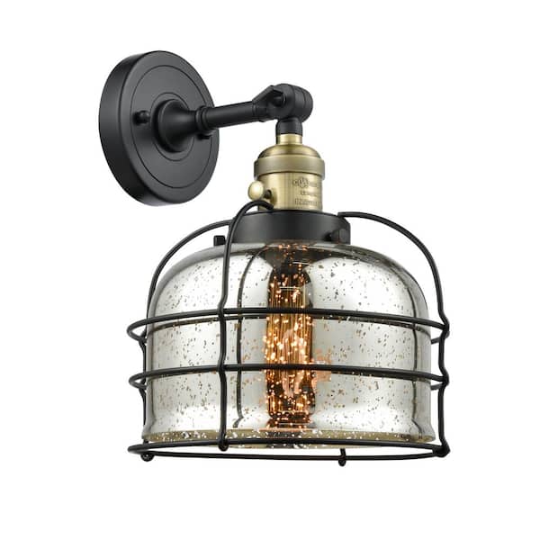 Innovations Bell Cage 1-Light Silver Plated Mercury, Black Antique Brass Wall Sconce with Silver Glass Shade