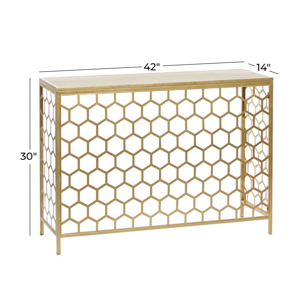 Elegant Gold Metal and Brown Wood Console Table with Honeycomb Pattern, 42"
