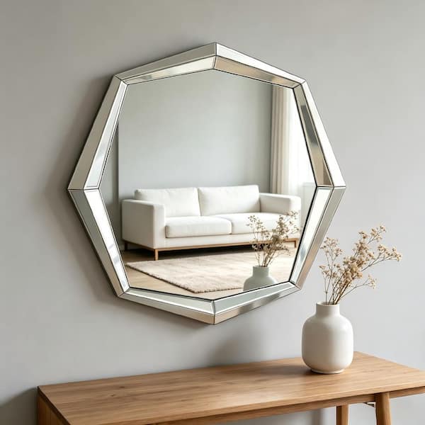 Silver 35.4 in. W x 35.4 in. H Modern Octagon with Beveled Mirror Frame