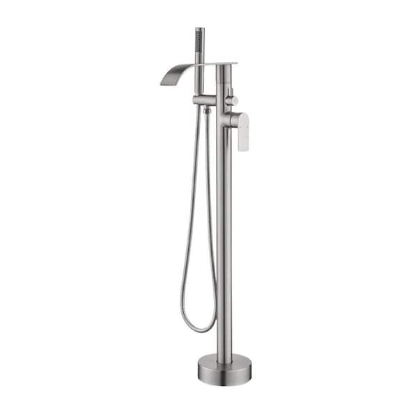 Single Handle Floor Mount Bathtub Faucet Freestanding Tub Filler Standing Shower Faucets with Handheld Shower in Nickel