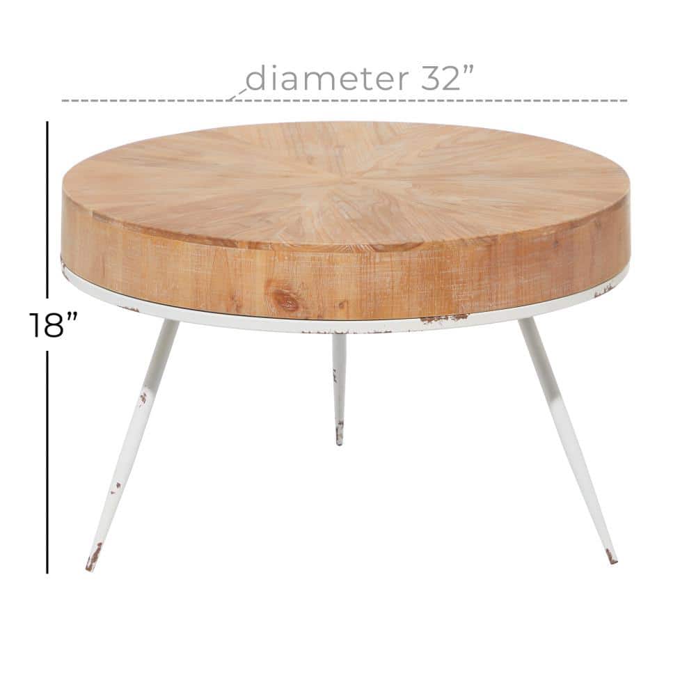 Modern Minimalist Round Coffee Table with White Distressed Iron Legs, 32"W