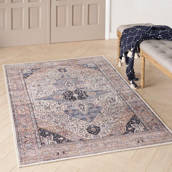 Machine Washable Brilliance Ivory Blue 4 ft. x 6 ft. Center Medallion Traditional Area Rug