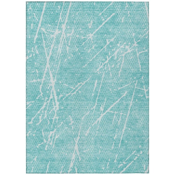 Teal Blue, Ivory 9 ft. x 12 ft. Woven Abstract Polyester Rectangle Indoor/Outdoor Area Rug