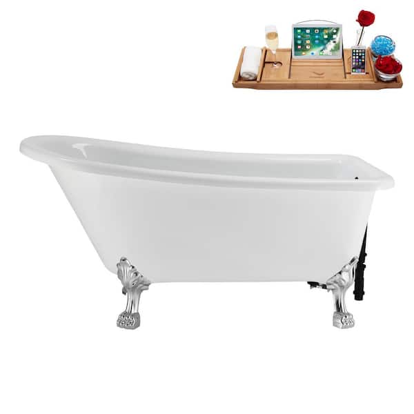 Streamline 58 in. x 28 in. Acrylic Clawfoot Soaking Bathtub in Glossy White with Matte Black Drain, Polished Chrome Clawfeet