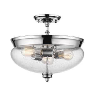 Amon 15 in. 3-Light Chrome Semi Flush Mount Light with Clear Seedy Glass Shade with No Bulbs Included
