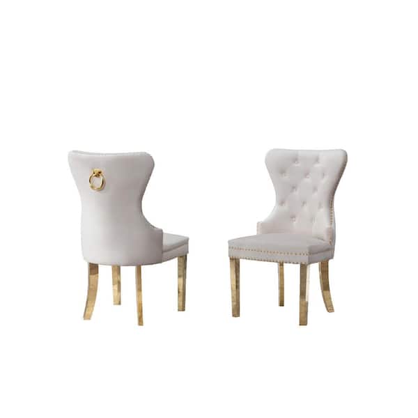 Best Quality Furniture Pam Cream Velvet Gold Stainless Steel Dining Chairs (Set of 2)
