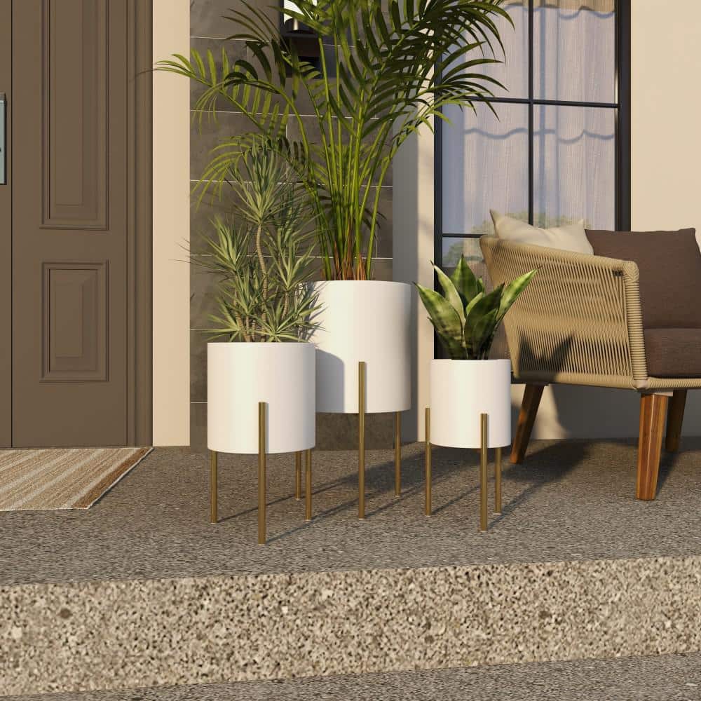 White and Gold Metal Cylinder Floor Planter Set of 3