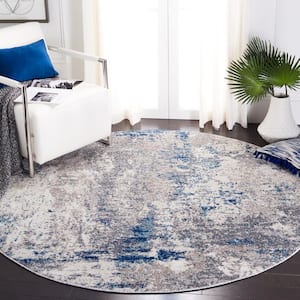 Aston Gray/Navy Doormat 3 ft. x 3 ft. Abstract Distressed Geometric Round Area Rug