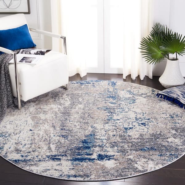 Aston Gray/Navy Doormat 3 ft. x 3 ft. Abstract Distressed Geometric Round Area Rug