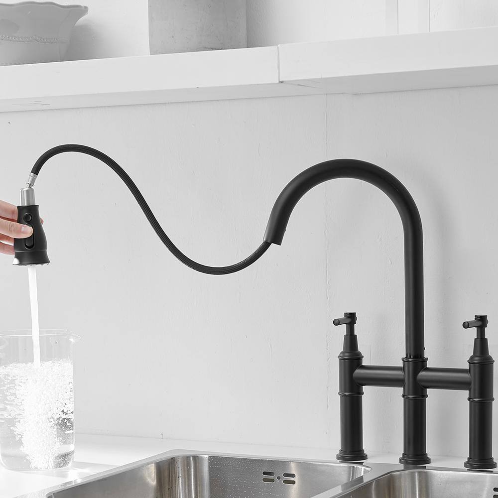 Matte Black Dual Handle Pull Down Kitchen Faucet