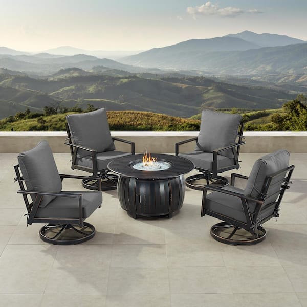 Oakland Living Black 7-Piece Aluminum Patio Fire Pit Set with 4-Club Chairs Black Cushions