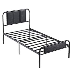 Industrial Bed Frame, Black Metal Frame Twin Platform Bed with Wooden Headboard, No Box Spring Needed