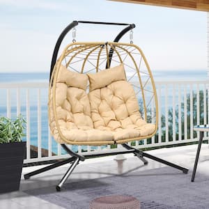 Hanging Egg Swing Chair with Stand 2-Person Wicker Chair Indoor Outdoor Hammock Egg Chair with Cushions