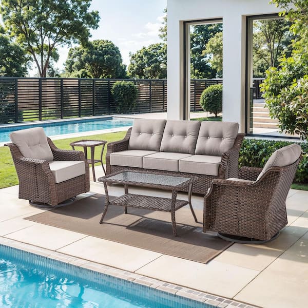 Modern Farmhouse 5-Piece Brown Wicker Patio Conversation Set with 6 In. Beige Olefin Cushions/Outdoor Swivel Chairs