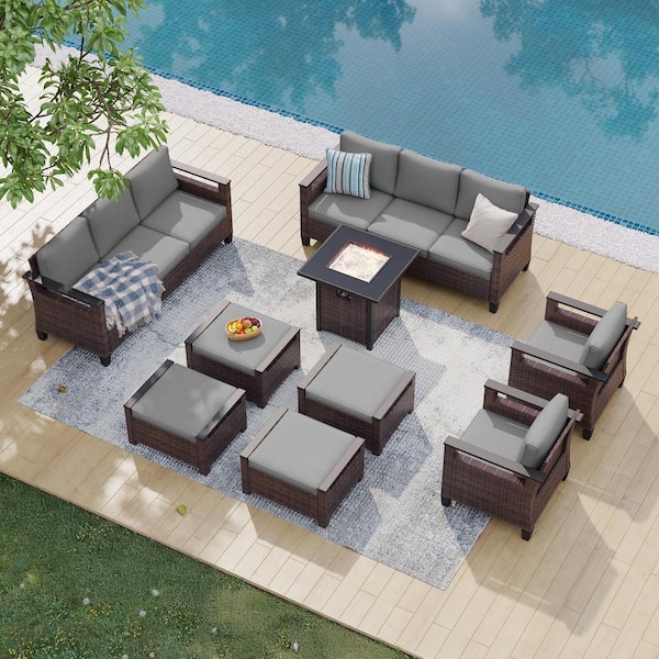 Sonkuki 9 Pieces Brown Wicker Gray Cushion Patio Conversation Set with Square Firepit Table and Ottomans