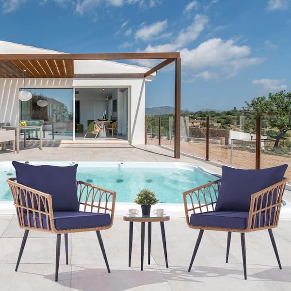 SANSTAR 3-Pieces Wicker Outdoor Bistro Set All-Weather Patio Furniture Set with Table & Navy Blue Cushions