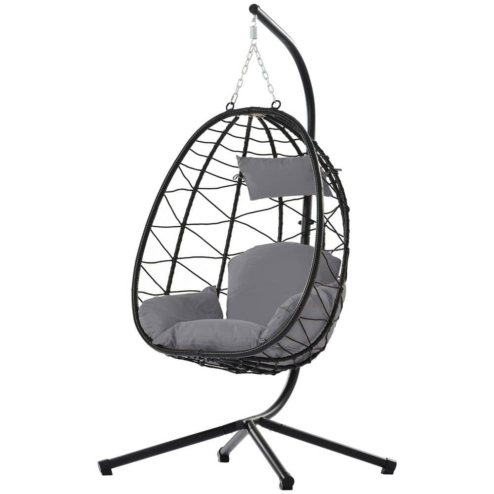 Metal Patio Wicker Hanging Egg Chair with Stand and Dark Gray Cushion